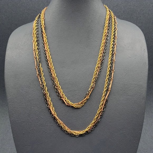 Tuleste Triple Chain Necklace Long Black Gunmetal Copper Gold - Picture 1 of 7